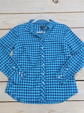 Talbots Blue & Black Gingham Button Up Long Sleeve Blouse Small